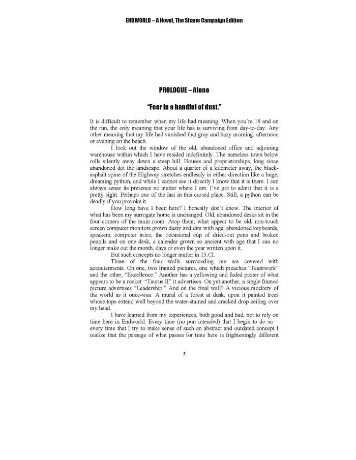 Prologue from ENDWORLD - A Novel, The Shane Campaign Edition